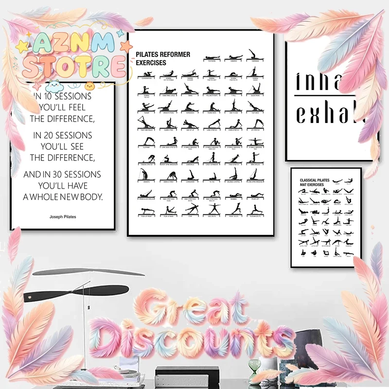 Yoga Fitness Room - Plakat z tabelą ćwiczeń pilatesu, obrazy